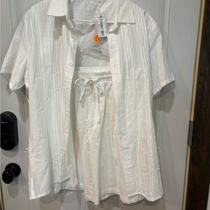 White Button-Up Shirt and Shorts Set
